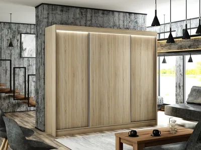 Produktbild von ALTDECOR Kleiderschrank mit furnierten Schiebetüren, kugelgelagerte Führungsschienen und Aluminium-Leisten 250 cm Sonoma Eiche