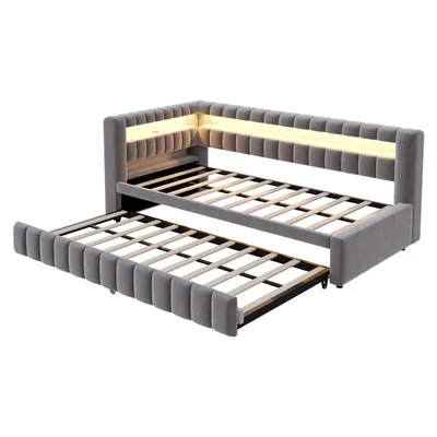 Produktbild von Flieks Polsterbett 90x200cm mit Ausziehbett (90x190cm), Tagesbett Schlafsofa mit Usb und Led, Jugendbett Kinderbett Einzelbett mit Lattenrost, Samt