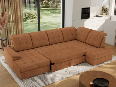 Produktbild von MKS MEBLE Ecksofa Wohnlandschaft U-Form, Sofa mit Schlaffunktion, Schlafsofa mit bettkasten, Couch mit Schlaffunktion - Orange Struktur - Madrito U - rechts