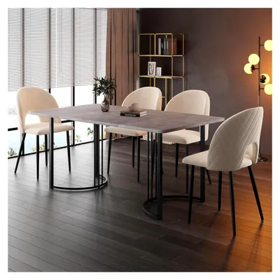 Produktbild von Esstisch 140x80cm, Marmor-Muster, Stabilität und Design für 4-6 Personen, Metallrahmen, verstellbare Beine, rechteckig, geeignet für Restaurant, Wohnzimmer, Küche, Grau/Schwarz