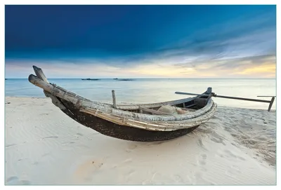 Produktbild von Wallario Küchenrückwand aus Glas, Größe: 90 x 60 cm, Motiv: Fischerboot am Strand mit Sonnenuntergang | Spritzschutz | abwischbar | pflegeleicht | in