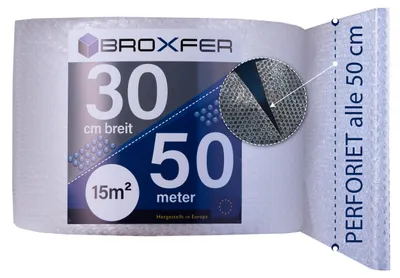 Produktbild von Broxfer Luftpolsterfolie Rolle 30cm x 50m Polsterfolie für Umzug / Versand 2-schichtig Verpackungsfolie LPF perforiert