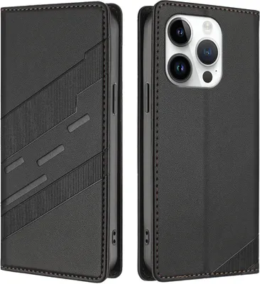 Image de Etui pour iPhone 14 Pro, étui portefeuille en cuirPolyuréthaneavec fente pour cartes et fonction stand Schwarz