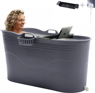 Immagine prodotto di HelloBath® - Secchio da bagno XL (Comfort) - Grigio - 125 cm, vasca da bagno per adulti, vasca da ghiaccio - tubo di scarico, asse da bagno e rubinetto