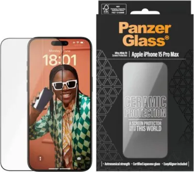 Obrázok produktu pre PanzerGlass ® Ceramic Protection for iPhone 15 Pro Max | Ultra-Wide Fit w. EasyAligner, Apple, Apple - iPhone 15 Pro Max, Suché aplikovanie, Odolné proti poškriabaniu, Odolný proti nárazom, Priehľadná, 1 kusov