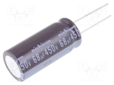 Zdjęcie produktu dla 1 x Kondensator elektrolityczny, montaż przewlekany (THT), pojemność 68 µF, średnica 16 mm, długość 35,5 mm, napięcie 450 VDC, tolerancja ±20%, oznaczenie UCY2W680MHD