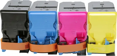 Four printer toner cartridges lined up against a white background.