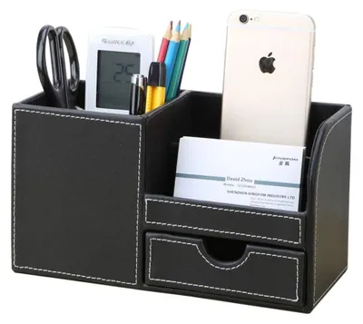 Produktbild von Büro Schreibtisch Organizer Ordnungssystem 4 Speicherabteil Kunstleder Stiftebox Stifteköcher Bürobedarf (Schwarz)