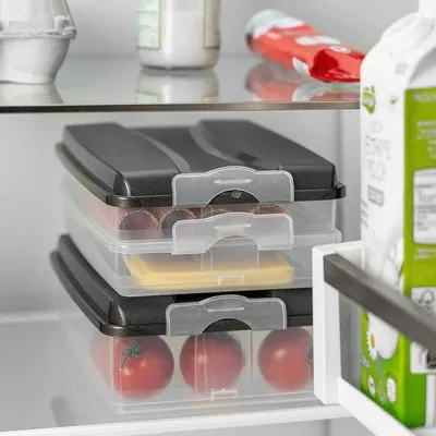 Produktbild von Unyqoos® Aufschnitt-Aufbewahrungsset für Kühlschrank – 5-teilig (3 flach, 2 hoch) mit Deckeln, Antrazit, stapelbar, BPA-frei, spülmaschinenfest