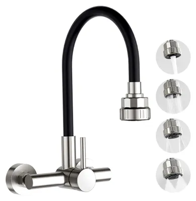 Produktbild von Wandarmatur für die Küche mit schwarzem 360° flexiblen Silikon-Weichschlauch, Einhebelmischer für Ausgussbecken mit 4 Wasserstrahlen Brausekopf, gebürsteter Edelstahl