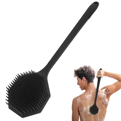 Image de Brosse exfoliante en silicone pour le corps, à long manche, à utiliser sous la douche – Brosse de douche double face pour exfolier et masser, brosse exfoliante en silicone pour hommes – Brosse pour le dos (42,4 cm)