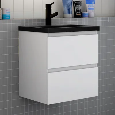 Produktbild von Badezimmermöbel 60cm CINIC-Serie Schwarz Waschtisch mit Unterschrank Hängeschrank Badezimmerschränke mit 2 Schubladen Weiß Matt