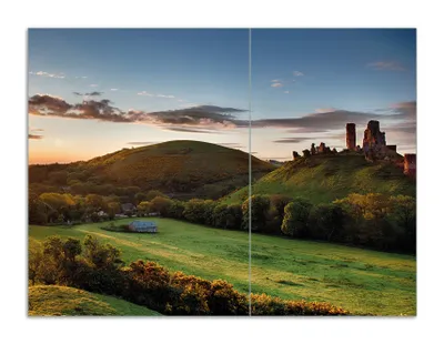 Produktbild von Wallario Herdabdeckplatte aus Glas, Größe 70 x 52 cm 2-teilig, Motiv Schlosspanorama in England bei Sonnenaufgang
