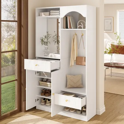Produktbild von okwish Multifunktionaler Garderobensets mit Spiegel und Haken, Flurschrank mit Schuhschrank und Sitzbank,Flurgarderobe in Weiß