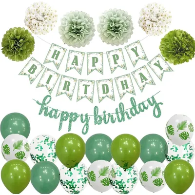 Produktbild von Geburtstagsdeko Set Grün Weiß Eukalyptus Girlande Luftballons Pompoms Kindergeburtstag