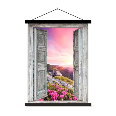 Produktbild von MuchoWow® Textilposter Berge - Landschaft - Aussicht - Blumen 60x80 cm mit schwarzem Rahmen - Plakathalter