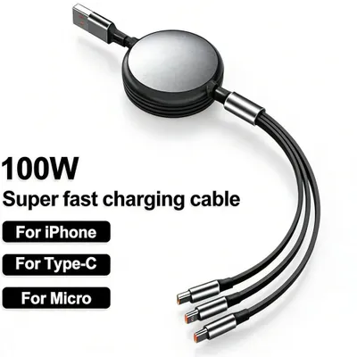 Produktbild von 2er-Set 3-in-1-Einziehbares 100-W-Schnelllade-Datenkabel  USB-Ladekabel für Smartphones