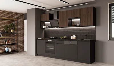 Produktbild von Küche SIENA + MONZA BASIC LOFT 280 cm Küchenzeile Küchenblock Einbauküche Nussbaum Okapi + Schwarz matt