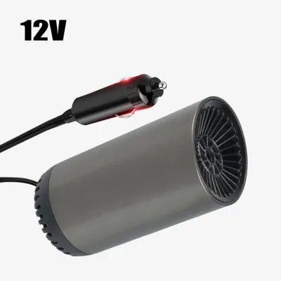 Imagen del producto de Calentador y desempañador portátil 2 en 1 para coche, que se conecta al encendedor de 12V/24V y tiene una potencia de 150W. Ideal para desempañar parabrisas de vehículos y camiones, con un sistema de calentamiento rápido. Incluye dos ventiladores