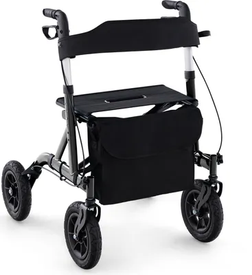 Produktbild von Costway Alu Rollator 2in1 mit Sitz, faltbar, 6-fach höhenverstellbar, bis 136kg, Schwarz, 76x64x81-93,5cm (LxBxH), 8,2kg, pneumatische All-Terrain-Räder
