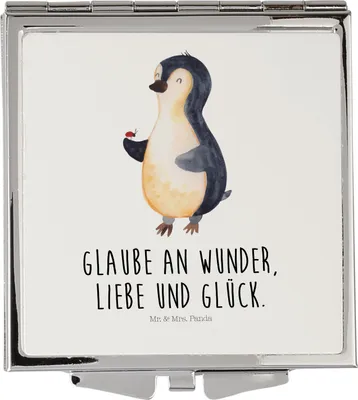 Produktbild von Mr. & Mrs. Panda Schminkspiegel Pinguin Marienkäfer - Weiß - Geschenk, Glück, Frauen Spiegel, Kosmetikspiegel Klein, Wunder, Aufmerksam, Kleine, Quadratischer, Liebe