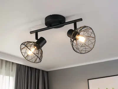 Produktbild von LED Deckenstrahler Schwarz 2-flammig mit Drahtgeflecht Lampenschirmen, B: 39,5cm