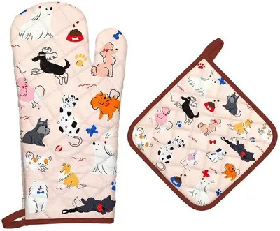 Obrázok produktu pre Uniqoos® Sada rukavíc a podložiek do rúr, 100% bavlna, odolné voči teplu až do 260°C, motív psa, 17×31 cm + 20×20 cm