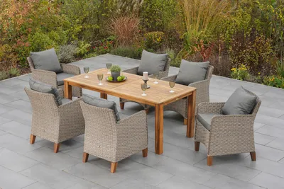Produktbild von Merxx Gartenmöbelset "Avellino" 7tlg. mit Tisch 185 x 90 cm, inkl. Kissen - Aluminiumgestell mit Kunststoffgeflecht Steinbeige und Akazienholz