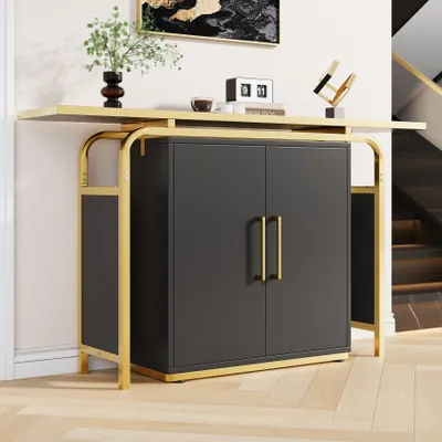 Produktbild von MODFU Kommode Sideboard mit zwei Türen, Schrank Buffet für Wohnzimmer, Konsolentisch mit goldenen Griffen und kombiniert mit einem goldgerahmten, Schwarz