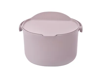 A light gray trash can with a lid, shown from the front on a white background.