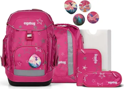 A collection of pink school bags and accessories with star and unicorn motifs, displayed on a white background.