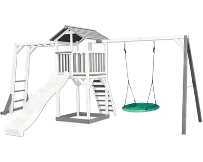 Image de Axi Beach Tower Aire De Jeux Avec Toboggan En Blanc, Cadre D'Escalade, Balançoire Nid D'Oiseau Vert & Bac À Sable | Grande Maison Enfant Extérieur En