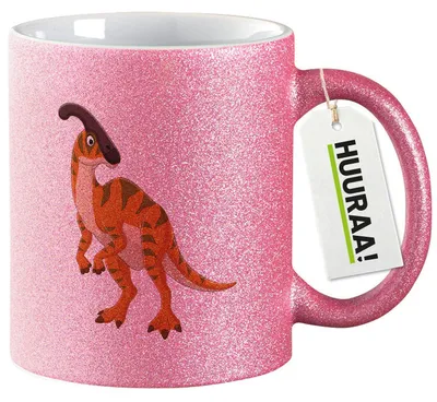 Produktbild von Huuraa Glitzertasse Parasaurolophus Dinosaurier 330ml Pink Keramik Kaffeebecher Geschenkidee