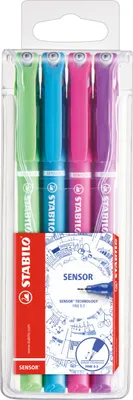 Produktbild von Fineliner mit gefederter Spitze - STABILO SENSOR F - fein - 4er Pack - hellgrün, türkis, pink, lila