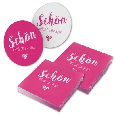 Produktbild von itenga 40x Serviette Schön dass du da bist fuchsia mit Bierdeckel Set