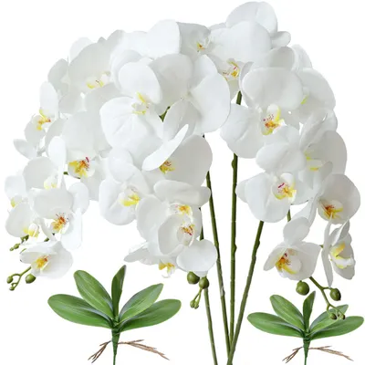 Künstliche Phalaenopsis Orchideen, 4 Stück, 80 cm, weiß, mit Blättern
