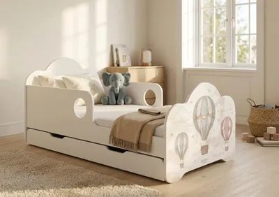 Image de Lit d'enfant 140 x 70 cm avec tiroir, matelas, coffre de rangement, barrière de sécurité, ensemble complet, autocollants, ballons
