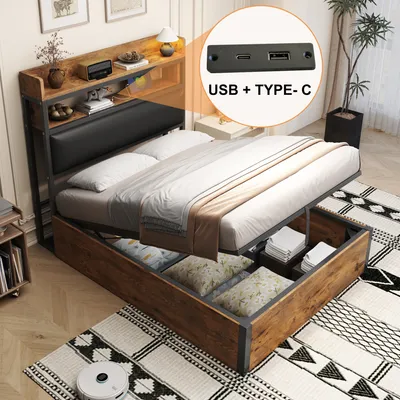 A bed with storage, featuring a headboard with shelves and charging ports.