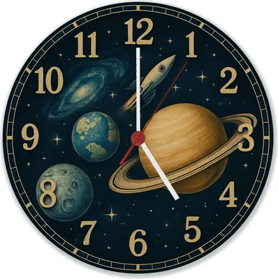 Produktbild von Sterne Weltraum Raketen Wanduhr aus MDF mit Planeten Motiv