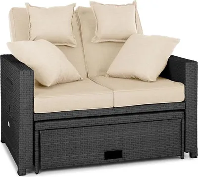 Produktbild von blumfeldt Komfortzone - Gartensofa, Terrassen-Sofa, Rattan-Sofa, 2 Personen, Sitzpolster, stabiles Stahlrohr, ausziehbarer Fußteil, klappbare Rückenlehne, bis 200 kg, inkl. 2 x Kissen, mausgrau