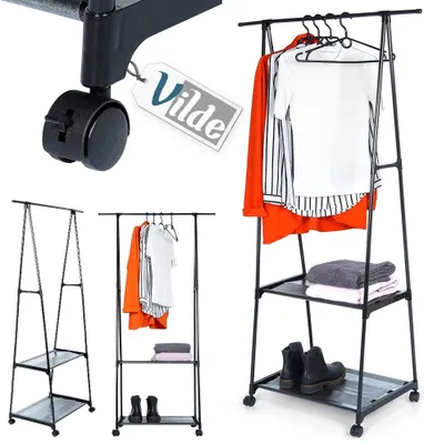 Produktbild von Vilde Kleiderständer Bodenständer Garderoben-Kleiderbügel mit Ablagen aus Metall schwarz mit Rollen 88x44x160 cm