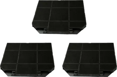 Three black charcoal filters arranged in a triangular formation against a white background.