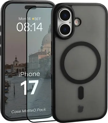 Produktbild von Schutzhülle mit Magnetring + gehärtetem Glas für iPhone 17, Bizon MatteO Pack, Getönt-Schwarz