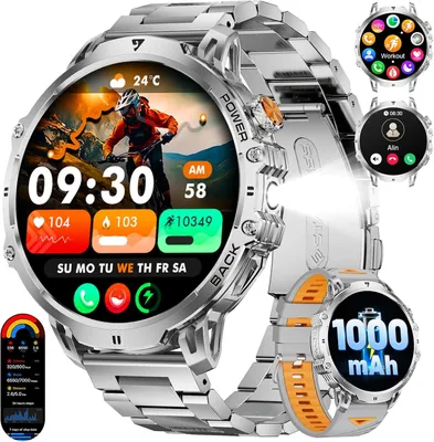 Produktbild von Smartwatch Herren 1.85" HD Display, 1000mAh Akku, LED-Taschenlampe, Bluetooth Anrufe, IP68 wasserdicht,120+ Sportmodi,mit 2 Armbändern für Android iOS
