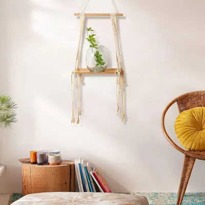 Produktbild von Hängendes Holzregal - Boho Dekorative Regale für Innen und Außen - Schwebende Wanddekoration für Wohnzimmer, Schlafzimmer und Küche