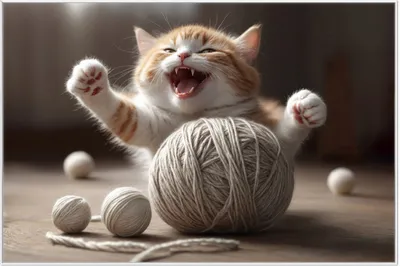 Produktbild von Wallario Wandbild Katze mit Wollknäuel, Größe: 61 x 91,50 cm, Poster mit weißem Aluminiumrahmen