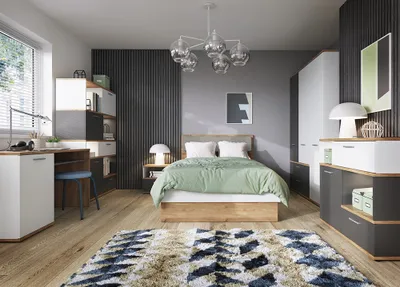 Produktbild von Jugendzimmer Komplett Set TOMAR-129 mit Bett 120x200 cm in Eiche Nb. mit weiß und grau