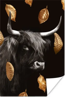Produktbild von MuchoWow® Poster Schottisches Hochlandrind - Gold - Blätter 20x30 cm - Papierdruck