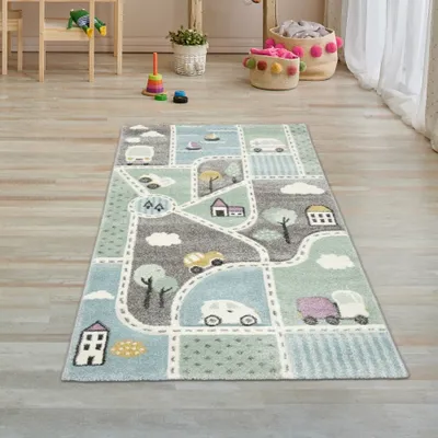 Obrázek produktu pro Dětský koberec s motivem ulice a aut, modro-zelený, rozměry – 80 x 150 cm