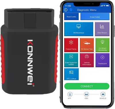 A car diagnostic tool and its companion smartphone app are displayed side-by-side against a white background.